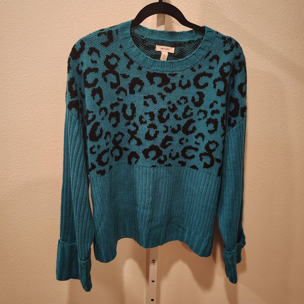 Nine West Women's Leopard Print Green and Black Sweater Size XL NWT Round Neck
